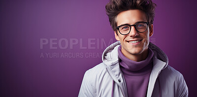 Mockup, portrait and young man with glasses, smile and optometry on a purple studio background. Face, person and model with eyewear, clear vision and happiness with optometrist, sight and looking