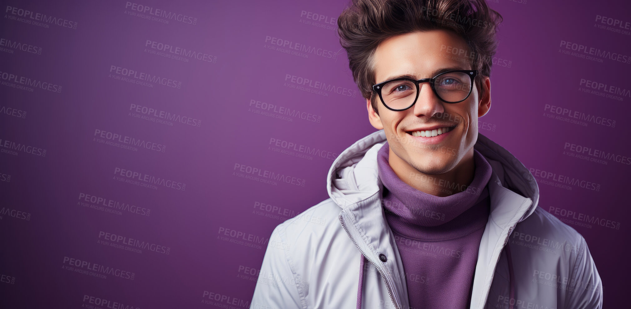 Buy stock photo Mockup, portrait and young man with glasses, smile and optometry on a purple studio background. Face, person and model with eyewear, clear vision and happiness with optometrist, sight and looking