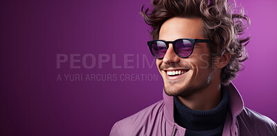 Mockup, portrait and bearded man with glasses, smile and optometry on a purple studio background. Face, person and model with eyewear, clear vision and happiness with optometrist, sight and looking