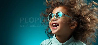 Happy, child and fashion with glasses, laugh and smile on mockup banner background. Face, kid and male youth with cool, trendy and confident clothes style on teal or green, gradient studio backdrop
