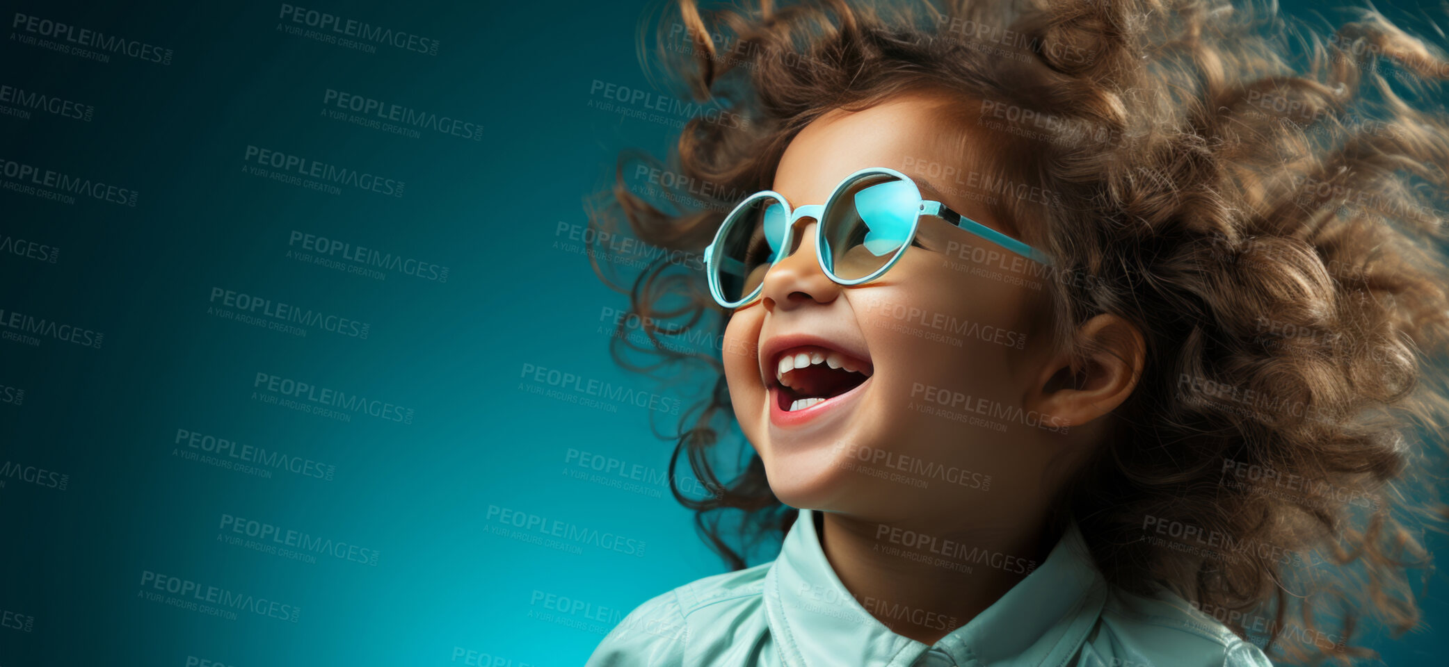 Buy stock photo Happy, child and fashion with glasses, laugh and smile on mockup banner background. Face, kid and male youth with cool, trendy and confident clothes style on teal or green, gradient studio backdrop