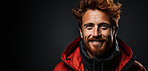 Mockup, portrait and bearded man with jacket, smiling and looking on a dark studio background. Face, happy person and male model with expression, mockup backdrop and colour with style and posing