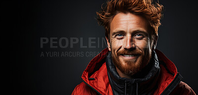 Mockup, portrait and bearded man with jacket, smiling and looking on a dark studio background. Face, happy person and male model with expression, mockup backdrop and colour with style and posing