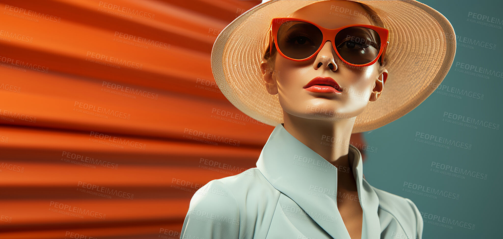 Buy stock photo Woman, portrait and glasses with hat, fashion and trendy clothes in elegant style on banner background. Mockup space, face and confident female model with luxury sunglasses on studio color backdrop