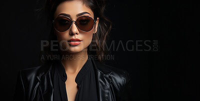 Fashion sunglasses, portrait or serious woman with banner, attitude or mysterious style isolated on black background. Mockup space, face or cool gen z girl model with edgy, trendy or low light studio