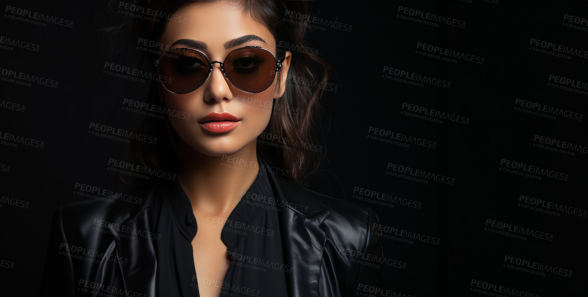 Buy stock photo Fashion sunglasses, portrait or serious woman with banner, attitude or mysterious style isolated on black background. Mockup space, face or cool gen z girl model with edgy, trendy or low light studio