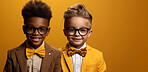 Children, portrait and fashion with yellow bow tie, glasses and smile on mockup banner background. Face, kids and male youth best friends with cool, trendy and confident clothes style on studio space