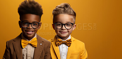 Children, portrait and fashion with yellow bow tie, glasses and smile on mockup banner background. Face, kids and male youth best friends with cool, trendy and confident clothes style on studio space