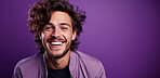 Mockup, portrait and laughing bearded man with smile, happy and fashion clothes on a purple studio background. Face, person and model with funny joke, comedy and humor expression on color backdrop