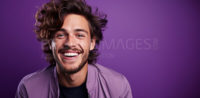 Buy stock photo Mockup, portrait and laughing bearded man with smile, happy and fashion clothes on a purple studio background. Face, person and model with funny joke, comedy and humor expression on color backdrop