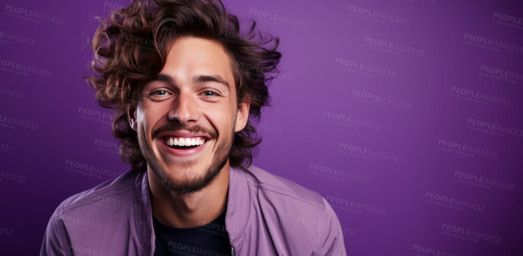 Buy stock photo Mockup, portrait and laughing bearded man with smile, happy and fashion clothes on a purple studio background. Face, person and model with funny joke, comedy and humor expression on color backdrop