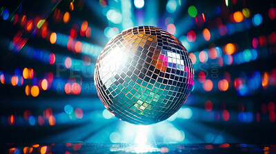 Disco ball, lights and clubbing background for 70's theme new year party, birthday or celebration. Night, bokeh and decor with glitter at nightclub or nightlife for jazz, pop or retro music festival