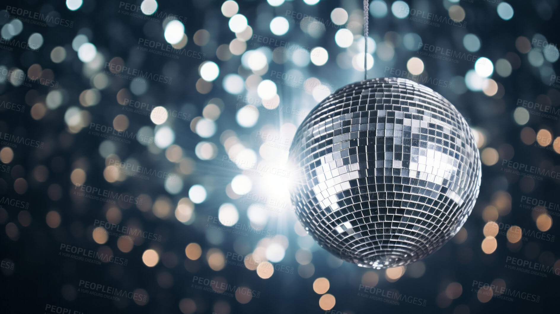 Buy stock photo Disco ball, lights and clubbing background for 70's theme new year party, birthday or celebration. Night, bokeh and decor with glitter at nightclub or nightlife for jazz, pop or retro music festival