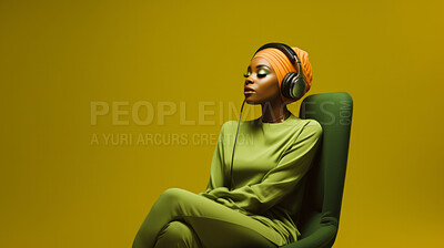 Woman, musician or portrait of a jazz or soul music artist in a photography studio. Ethnic, African American or confident female sitting wearing an orange head-wrap for beauty or reggae style fashion