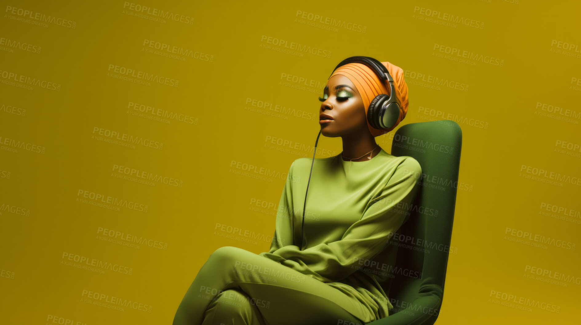 Buy stock photo Woman, musician or portrait of a jazz or soul music artist in a photography studio. Ethnic, African American or confident female sitting wearing an orange head-wrap for beauty or reggae style fashion