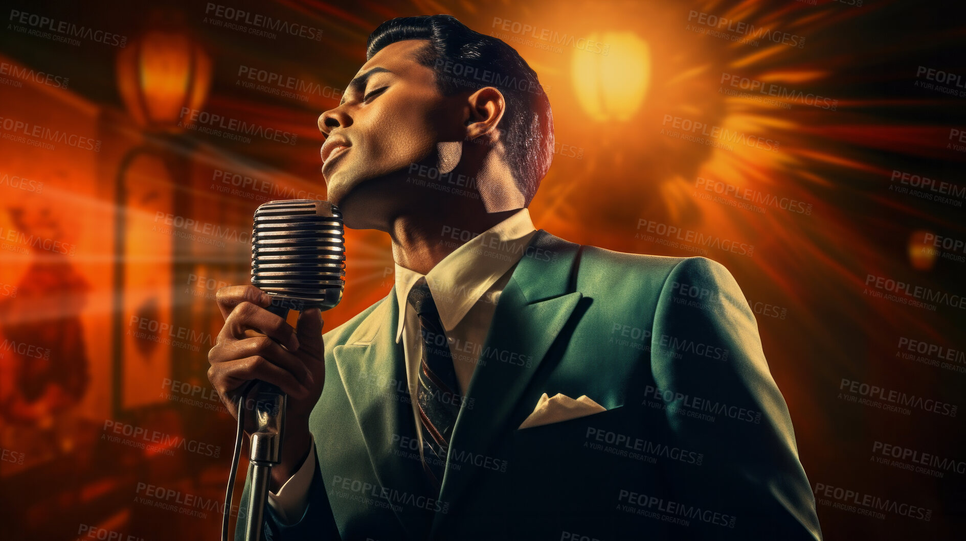 Buy stock photo Man, musician and singing of a jazz, blues or soul music artist singer on a stage at night. Handsome, African American or confident male wearing a suit for an event or concert against dark background