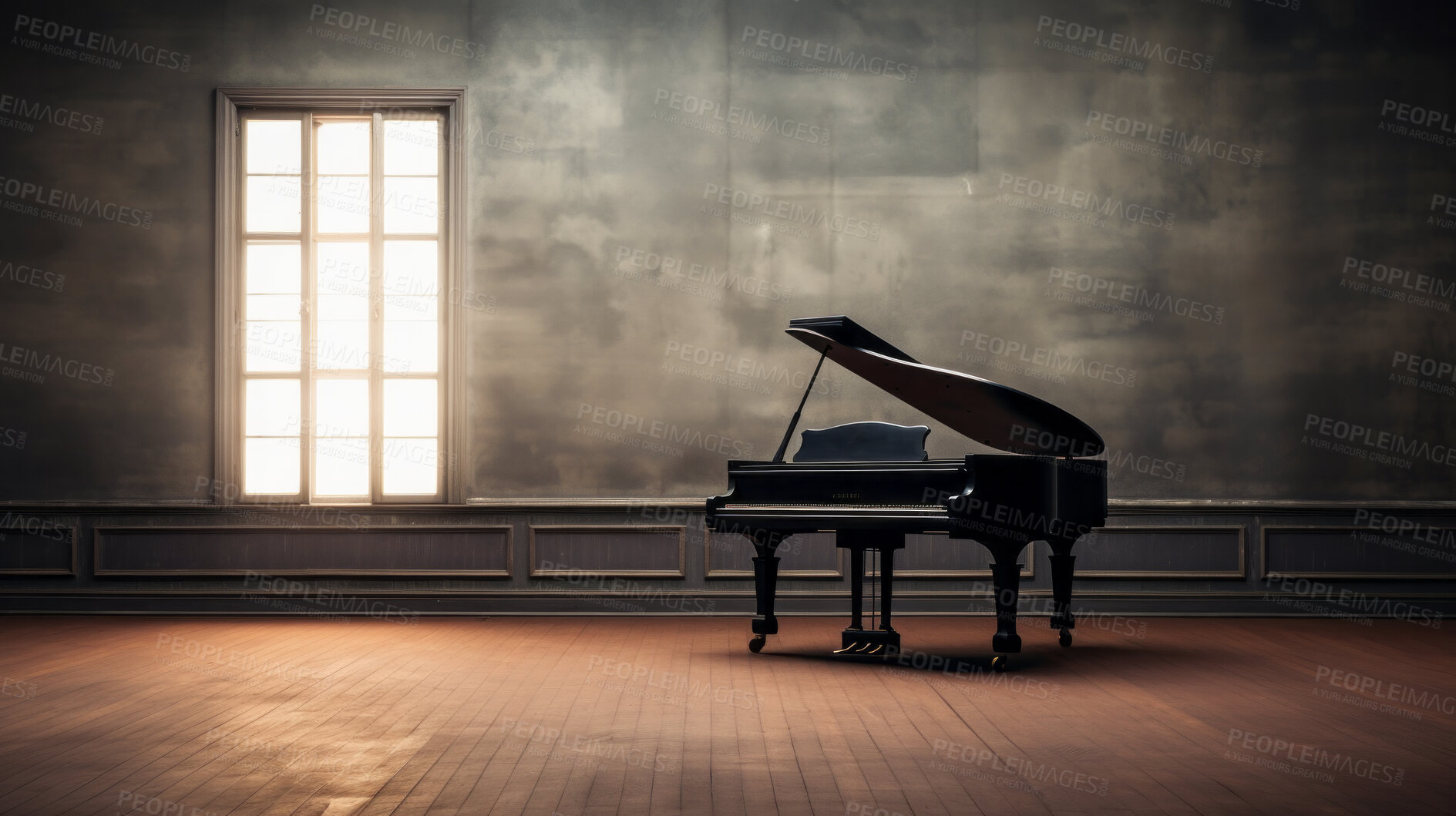 Buy stock photo Grand piano, antique and empty room for classical music, entertainment and song writing with grunge background. Ebony, instrument and old apartment space with mock up for wallpaper and poster design