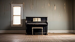 Grand piano, antique and empty room for classical music, entertainment and song writing with grunge background. Ebony, instrument and old apartment space with mock up for wallpaper and poster design