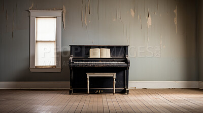 Grand piano, antique and empty room for classical music, entertainment and song writing with grunge background. Ebony, instrument and old apartment space with mock up for wallpaper and poster design