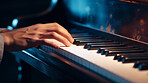 Grand piano, keys and hands playing instrument for classical music, entertainment or lessons. Closeup, instrument or professional pianist practicing his skill or talent at home or at a concert