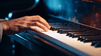 Grand piano, keys and hands playing instrument for classical music, entertainment or lessons. Closeup, instrument or professional pianist practicing his skill or talent at home or at a concert