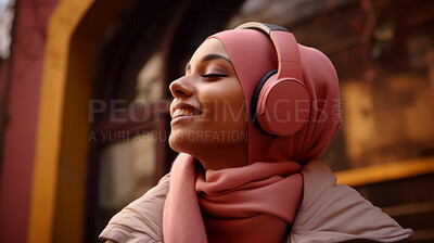 Muslim, woman and listening to music in city for entertainment, podcast and meditation. Beautiful, confident and happy student with fashion style, headphones and inspiration radio song on urban walk
