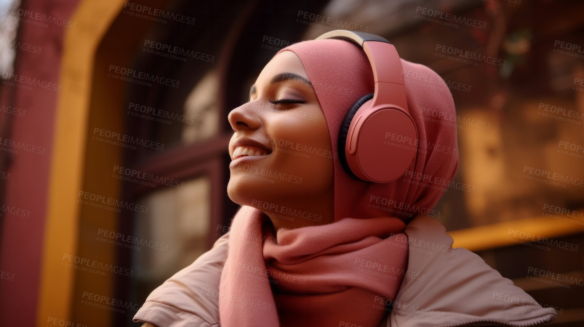 Buy stock photo Muslim, woman and listening to music in city for entertainment, podcast and meditation. Beautiful, confident and happy student with fashion style, headphones and inspiration radio song on urban walk