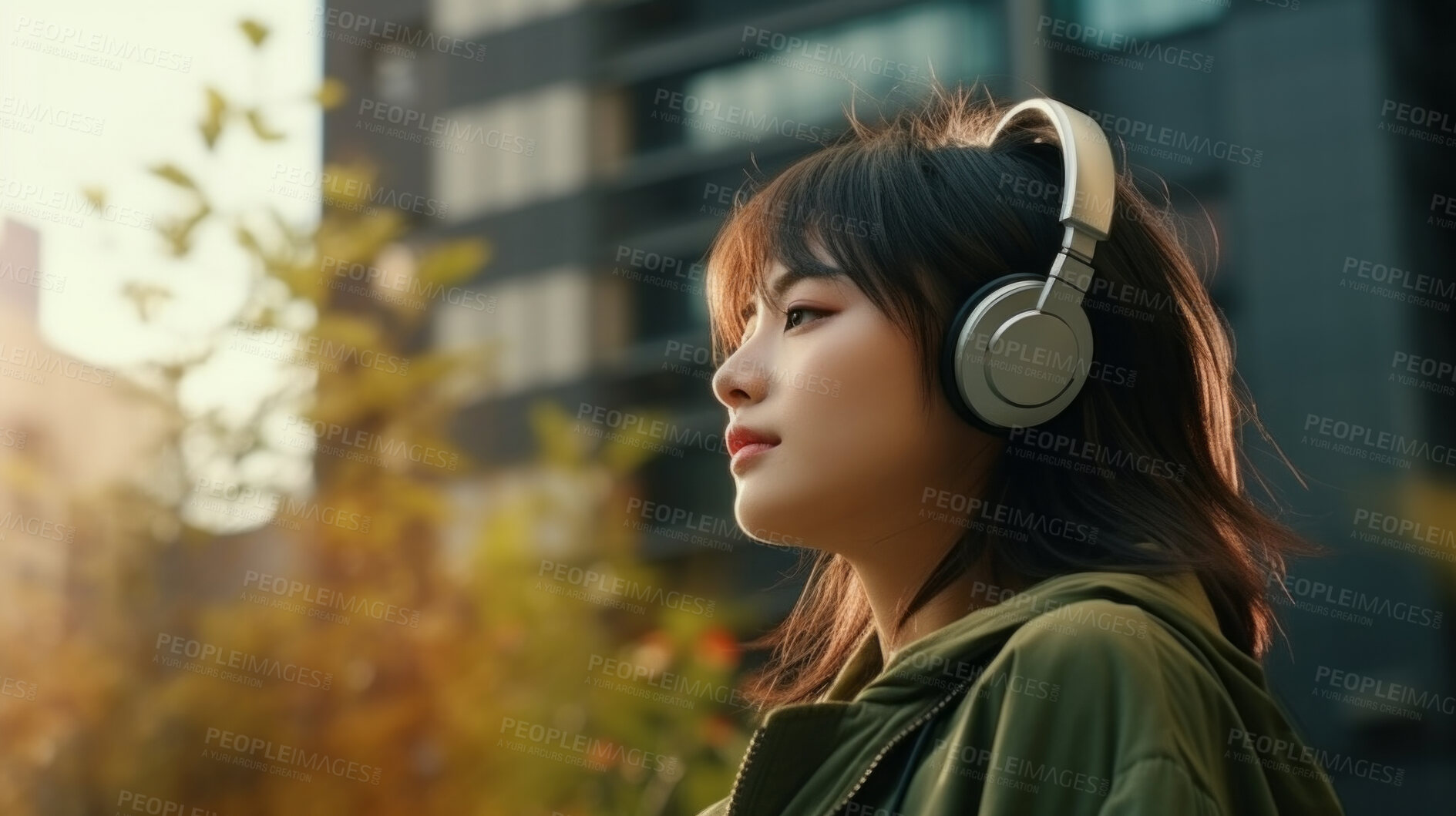 Buy stock photo Young, woman and listening to music in city for entertainment, podcast and meditation. Beautiful, confident and happy student with fashion style, headphones and inspiration radio song on urban walk