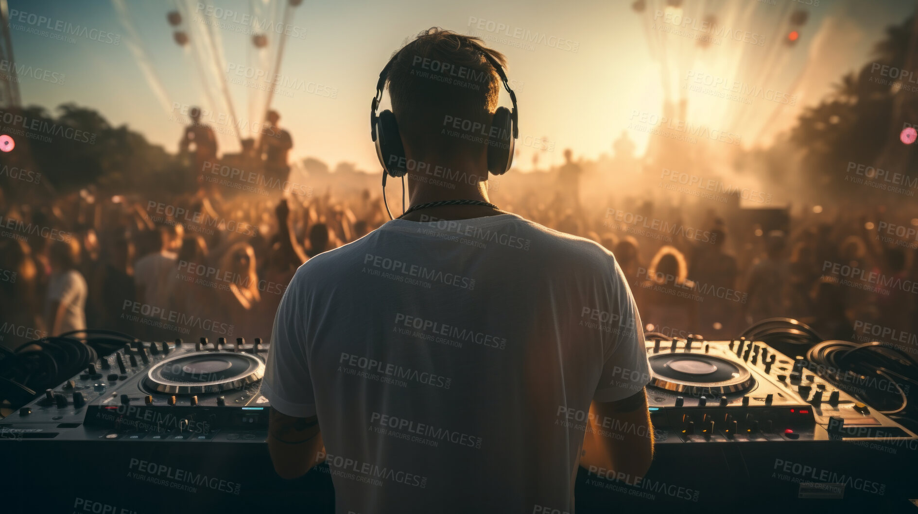 Buy stock photo Rear view, music and dj working at a night event for celebration, new year party or summer festival season. Light rays, crowd and group of people dancing and listening to trance, edm or house song