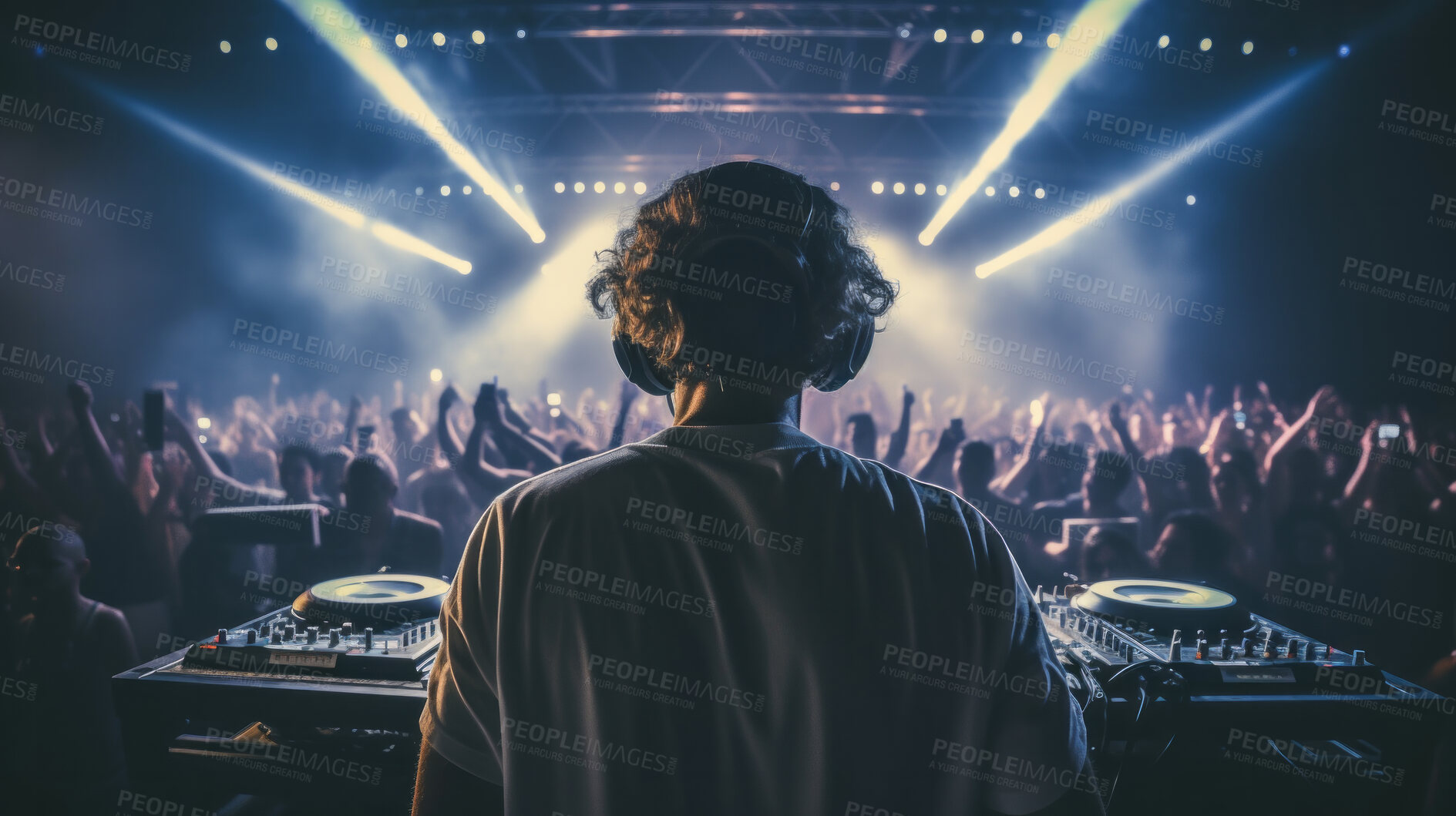 Buy stock photo Rear view, music and dj working at a night event for celebration, new year party or summer festival season. Light rays, crowd and group of people dancing and listening to trance, edm or house song