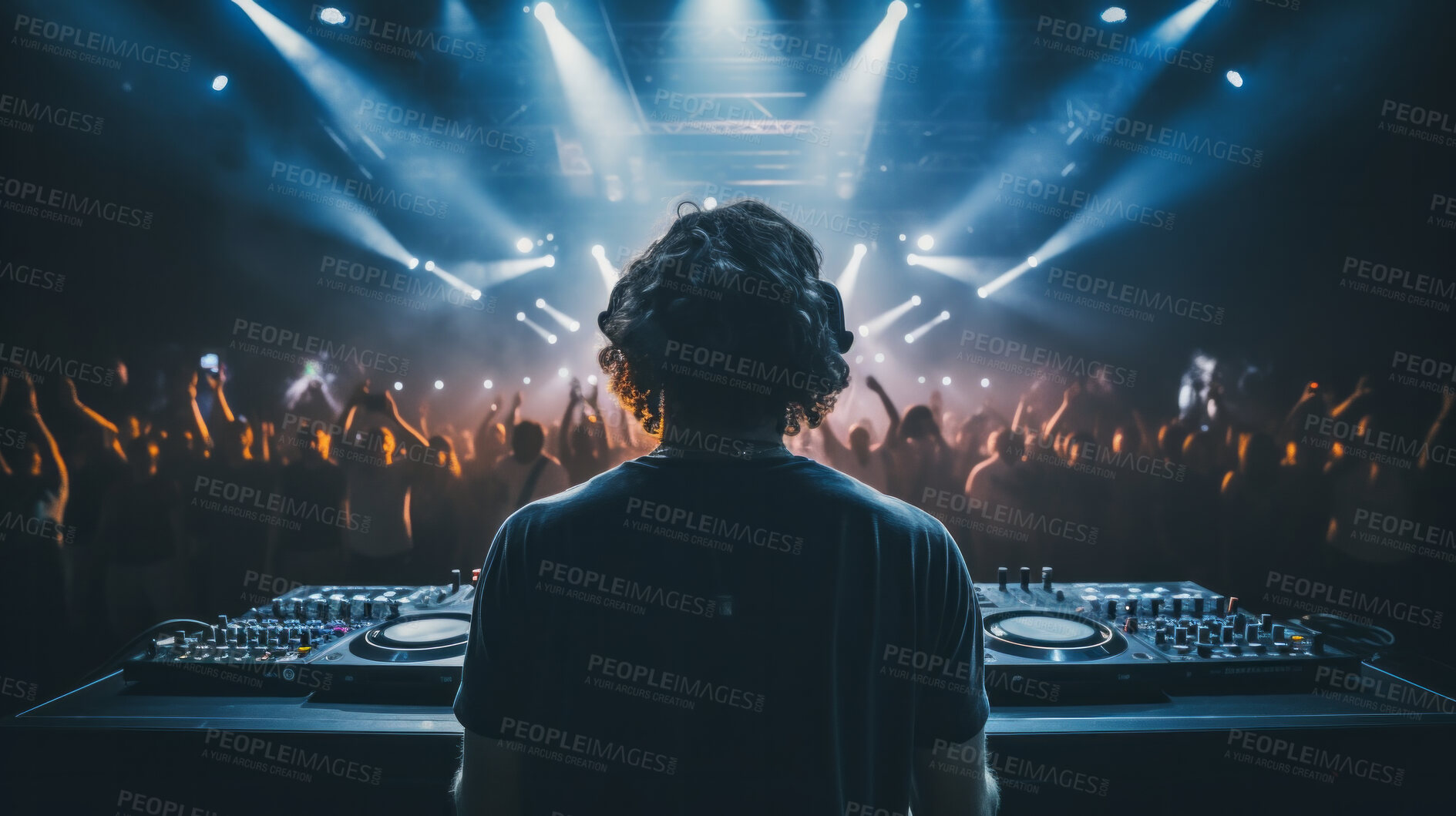 Buy stock photo Rear view, music and dj working at a night event for celebration, new year party or summer festival season. Light rays, crowd and group of people dancing and listening to trance, edm or house song