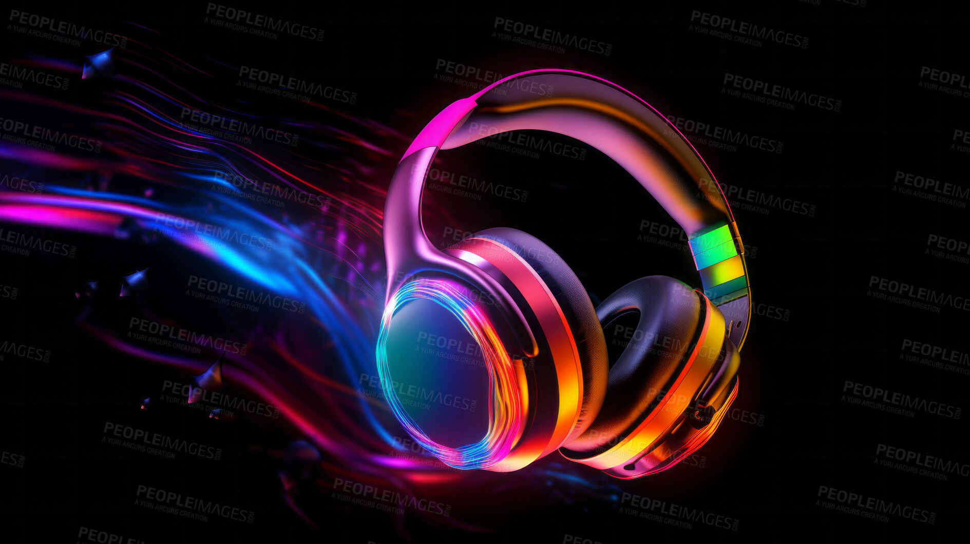 Buy stock photo Creative, headphones and abstract sound wave flow with mockup for music, audio or entertainment. Colourful, vibrant and illustration for wallpaper, design and radio artwork on a black background