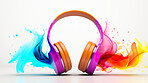 Creative, headphones and abstract sound wave flow with mockup for music, audio or entertainment. Colourful, vibrant and illustration for wallpaper, design and radio artwork on a white background