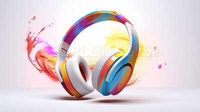 Creative, headphones and abstract sound wave flow with mockup for music, audio or entertainment. Colourful, vibrant and illustration for wallpaper, design and radio artwork on a white background