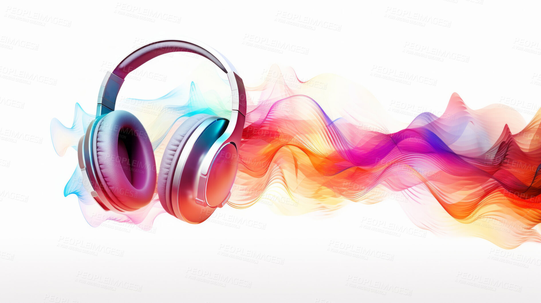 Buy stock photo Creative, headphones and abstract sound wave flow with mockup for music, audio or entertainment. Colourful, vibrant and illustration for wallpaper, design and radio artwork on a white background