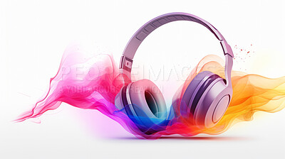 Creative, headphones and abstract sound wave flow with mockup for music, audio or entertainment. Colourful, vibrant and illustration for wallpaper, design and radio artwork on a white background