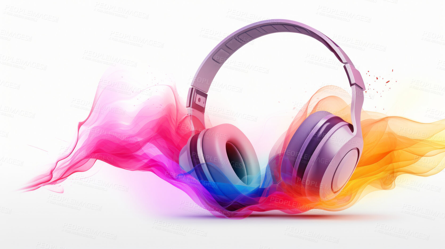 Buy stock photo Creative, headphones and abstract sound wave flow with mockup for music, audio or entertainment. Colourful, vibrant and illustration for wallpaper, design and radio artwork on a white background