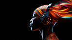 Woman, headphones and abstract sound wave flow with mockup for music, audio or entertainment on a black background. African American, ethnic and confident portrait of female with colourful artwork