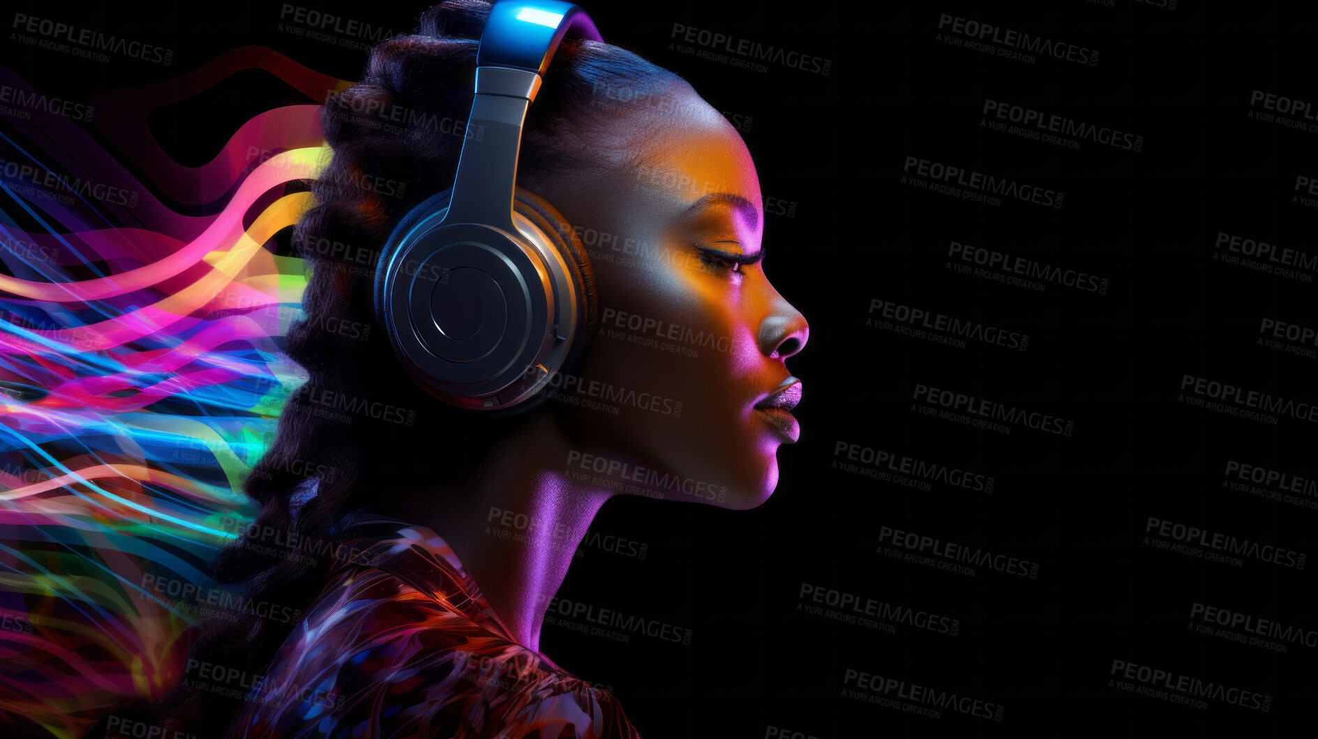 Buy stock photo Woman, headphones and abstract sound wave flow with mockup for music, audio or entertainment on a black background. African American, ethnic and confident portrait of female with colourful artwork