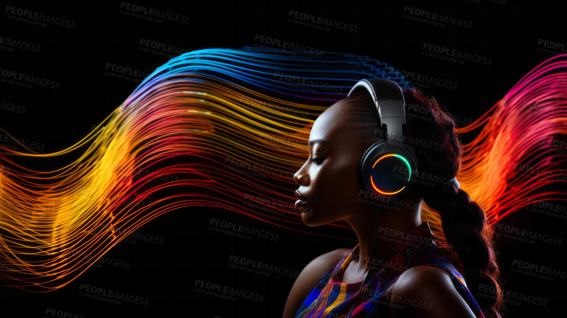 Buy stock photo Woman, headphones and abstract sound wave flow with mockup for music, audio or entertainment on a black background. African American, ethnic and confident portrait of female with colourful artwork