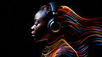 Woman, headphones and abstract sound wave flow with mockup for music, audio or entertainment on a black background. African American, ethnic and confident portrait of female with colourful artwork