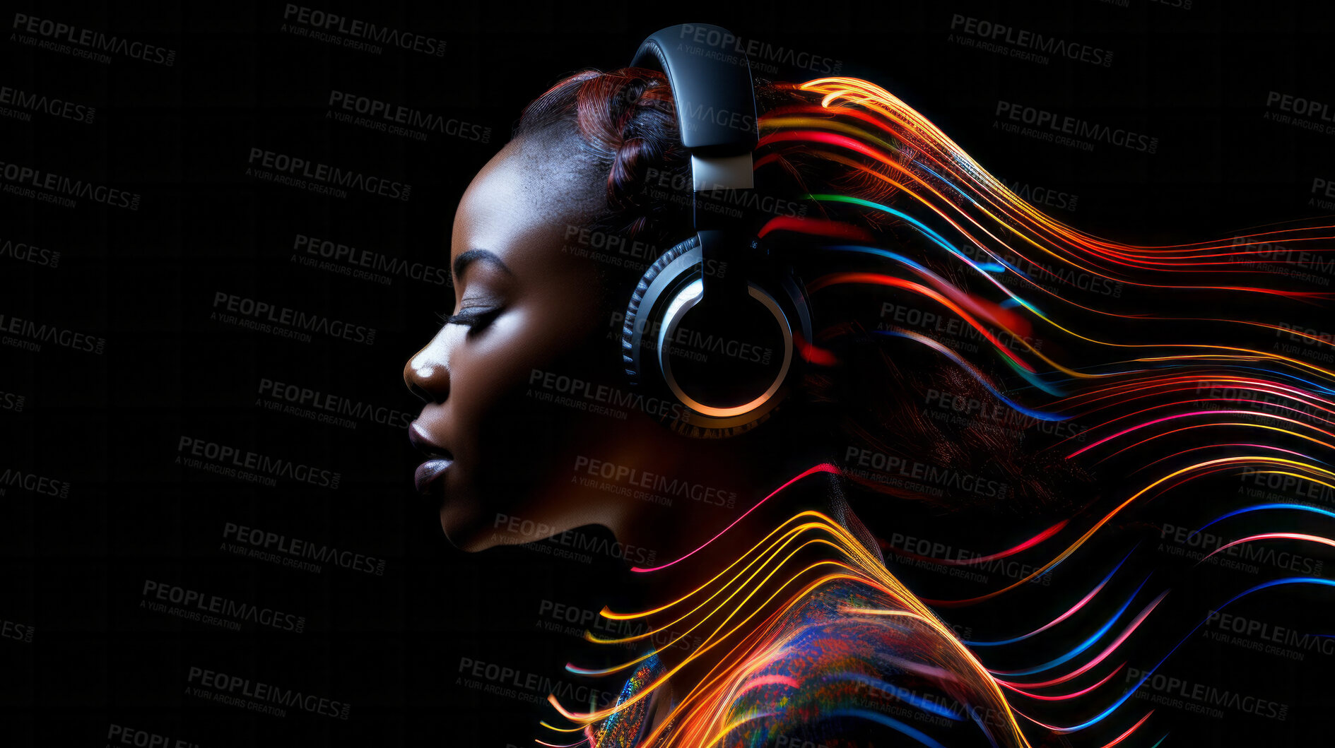 Buy stock photo Woman, headphones and abstract sound wave flow with mockup for music, audio or entertainment on a black background. African American, ethnic and confident portrait of female with colourful artwork