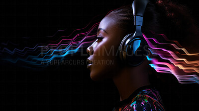Woman, headphones and abstract sound wave flow with mockup for music, audio or entertainment on a black background. African American, ethnic and confident portrait of female with colourful artwork