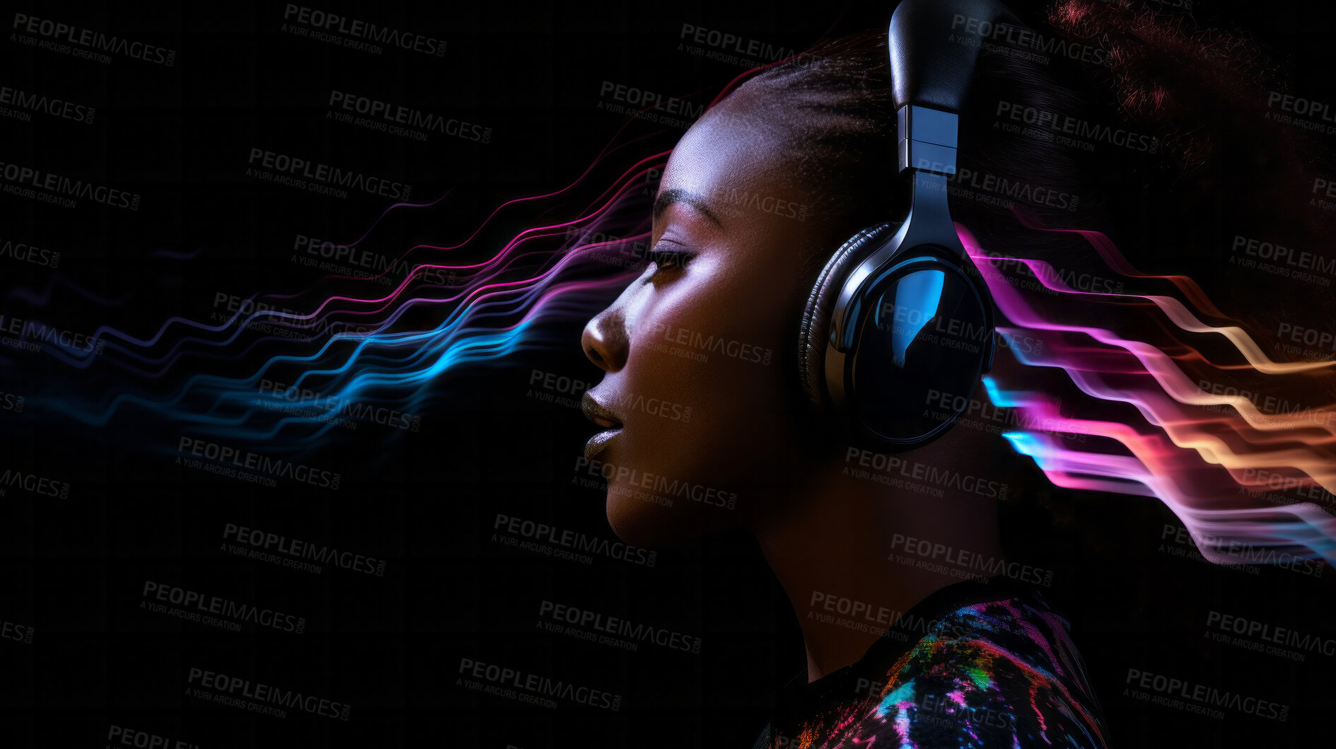 Buy stock photo Woman, headphones and abstract sound wave flow with mockup for music, audio or entertainment on a black background. African American, ethnic and confident portrait of female with colourful artwork