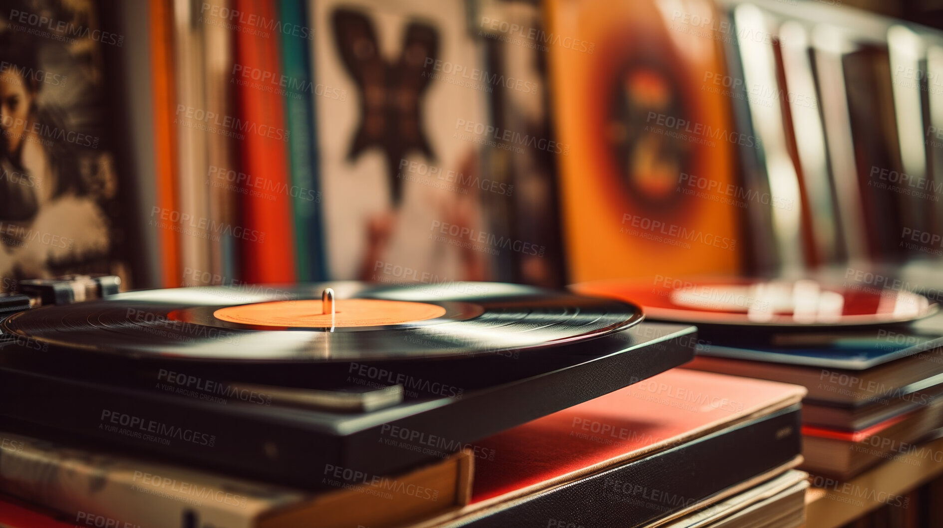 Buy stock photo Vintage, vinyl record and player closeup with a music library collection in the background. Retro, sepia toned and antique store with wide selection of old school jazz, blues and hip-hop song albums