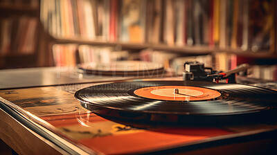 Vintage, vinyl record and player closeup with a music library collection in the background. Retro, sepia toned and antique store with wide selection of old school jazz, blues and hip-hop song albums