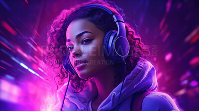 Young woman, headphones or listening to music at festival, dj and metaverse. Confident, youth or female in a club, trance party or virtual reality with neon yellow lights background for online gaming