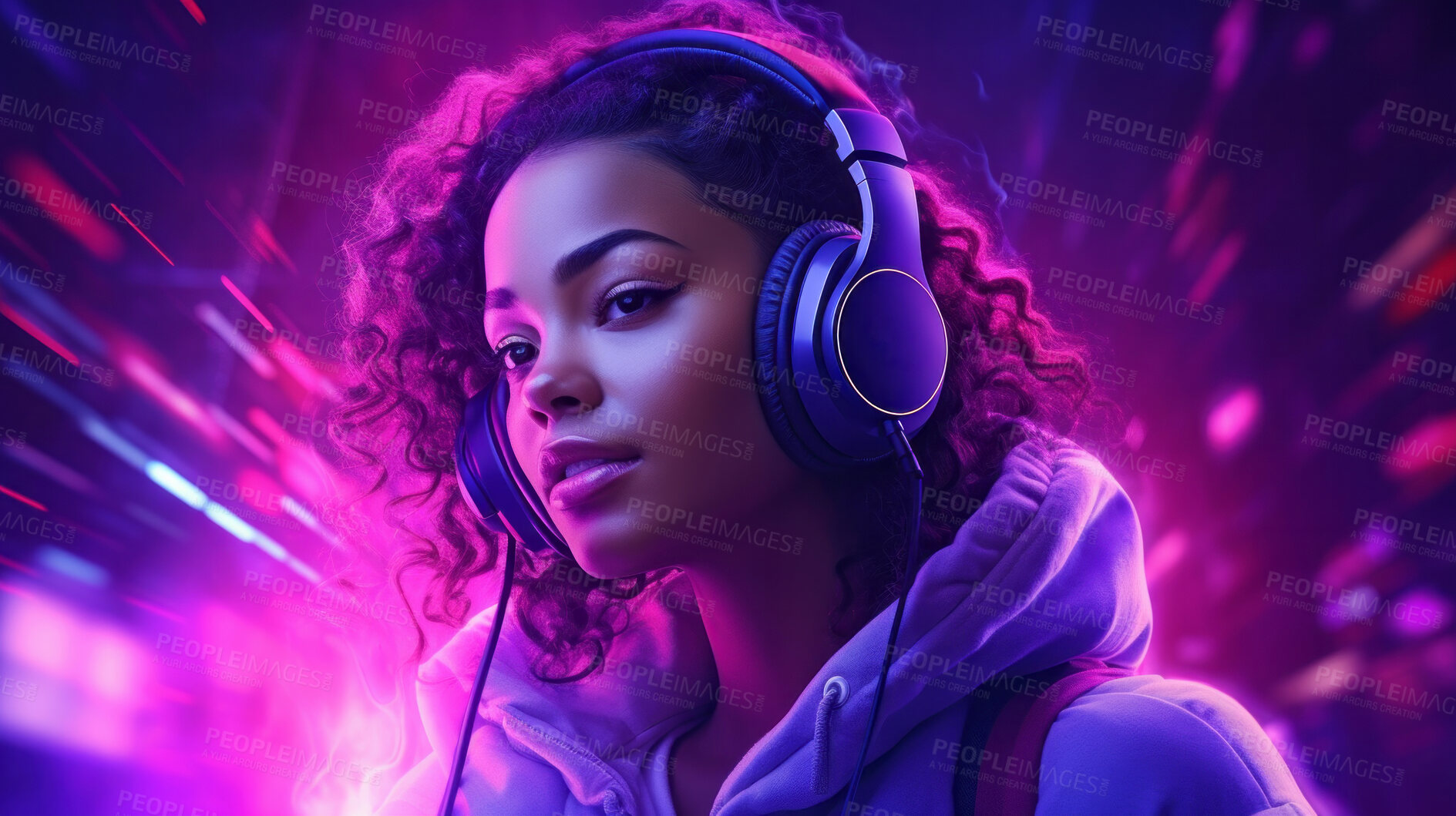 Buy stock photo Young woman, headphones or listening to music at festival, dj and metaverse. Confident, youth or female in a club, trance party or virtual reality with neon yellow lights background for online gaming