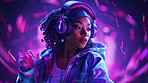Young woman, headphones or listening to music at festival, dj and metaverse. Confident, youth or female in a club, trance party or virtual reality with neon yellow lights background for online gaming