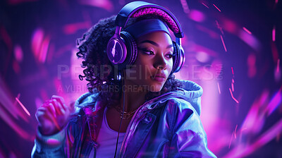 Young woman, headphones or listening to music at festival, dj and metaverse. Confident, youth or female in a club, trance party or virtual reality with neon yellow lights background for online gaming